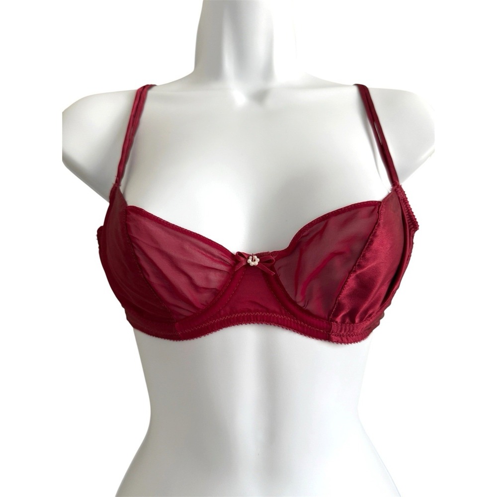 Vintage 80s Victorias Secret Nylon Bra 32B Wine Red Sheer Coquette Girl Sexy